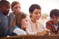 She knows how to simplify learning for her students. elementary school kids getting help from their teacher in class.