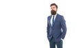 He knows who is boss here. Bearded man confident posture isolated white. Hipster with beard formal suit office worker