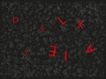 Dyslexia, dysgraphia flying alphabet, letters on black background.