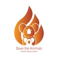 Koala with a baby on the background of fire. Emblem, logo