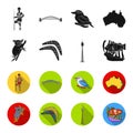 Koala on bamboo, boomerang, Sydney tower, fish clown and ammonium.Australia set collection icons in black,flet style