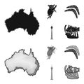 Koala on bamboo, boomerang, Sydney tower, fish clown and ammonium.Australia set collection icons in black,monochrom