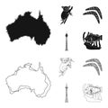 Koala on bamboo, boomerang, Sydney tower, fish clown and ammonium.Australia set collection icons in black,outline style