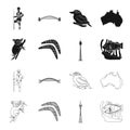 Koala on bamboo, boomerang, Sydney tower, fish clown and ammonium. Australia set collection icons in black, outline style