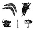 Koala on bamboo, boomerang, Sydney tower, fish clown and ammonium.Australia set collection icons in black style vector