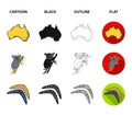 Koala on bamboo, boomerang, Sydney tower, fish clown and ammonium.Australia set collection icons in cartoon,black