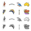 Koala on bamboo, boomerang, Sydney tower, fish clown and ammonium.Australia set collection icons in cartoon,monochrome