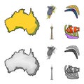 Koala on bamboo, boomerang, Sydney tower, fish clown and ammonium.Australia set collection icons in cartoon,monochrome