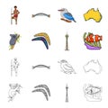 Koala on bamboo, boomerang, Sydney tower, fish clown and ammonium.Australia set collection icons in cartoon,outline