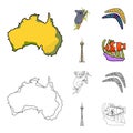 Koala on bamboo, boomerang, Sydney tower, fish clown and ammonium.Australia set collection icons in cartoon,outline