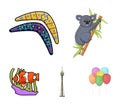 Koala on bamboo, boomerang, Sydney tower, fish clown and ammonium.Australia set collection icons in cartoon style vector