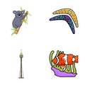 Koala on bamboo, boomerang, Sydney tower, fish clown and ammonium.Australia set collection icons in cartoon style vector