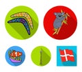 Koala on bamboo, boomerang, Sydney tower, fish clown and ammonium.Australia set collection icons in flat style vector