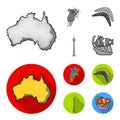 Koala on bamboo, boomerang, Sydney tower, fish clown and ammonium.Australia set collection icons in monochrome,flat