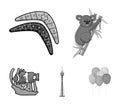 Koala on bamboo, boomerang, Sydney tower, fish clown and ammonium.Australia set collection icons in monochrome style