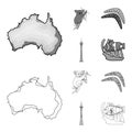Koala on bamboo, boomerang, Sydney tower, fish clown and ammonium.Australia set collection icons in outline,monochrome