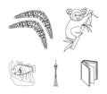 Koala on bamboo, boomerang, Sydney tower, fish clown and ammonium.Australia set collection icons in outline style vector