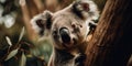 A koala bear climbing an eucalyptus tree in a forest. AI generative image. Royalty Free Stock Photo