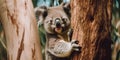 A koala bear climbing an eucalyptus tree in a forest. AI generative image. Royalty Free Stock Photo