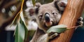 A koala bear climbing an eucalyptus tree in a forest. Generative AI image. Royalty Free Stock Photo