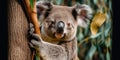 A koala bear climbing an eucalyptus tree in a forest. Generative AI image. Royalty Free Stock Photo