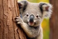a koala bear is climbing a tree, fluffy koala clinging to a eucalyptus tree Royalty Free Stock Photo