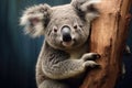 a koala bear is climbing a tree, fluffy koala clinging to a eucalyptus tree Royalty Free Stock Photo