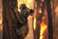 A koala bear clings to a tree during a forest fire in australia. Generative ai