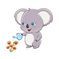 Koala bear cutie character illustration isolated on white background. Little kid watering his flowerbed with a can