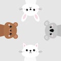 Koala, bear grizzly, rabbit, hare, cat kitten head face set. Pink cheeks. Cute cartoon character. Pet baby animal collection. Gray