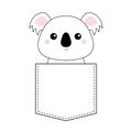 Koala bear head face sitting in the pocket. Doodle linear sketch. Cute cartoon character. T-shirt design. Dash line. Pet animal. W