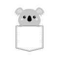 Koala bear head face sitting in the pocket. Holding hands. Cute cartoon character. T-shirt design. Dash line. Pet animal. White bl