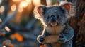 A koala bear holding a sign in its mouth while sitting on the tree, AI Royalty Free Stock Photo