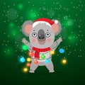 Koala Bear Kid. Happy Koala With Christmas Lights Garland. Australian New Year Card.