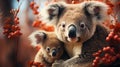 Koala bear mother with her baby on the background of autumn leaves Royalty Free Stock Photo