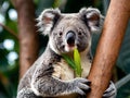 A koala bear perched on a tree branch, holding a eucalyptus leaf Royalty Free Stock Photo