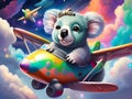 Koala Bear in a Plane Flying in the Sky - Clouds look like Marshmallows Royalty Free Stock Photo