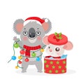 Koala Bear and Small Rat Kid. Christmas Card With Funny Rat And Koala. Little Mouse With Gift Box.