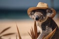 Koala bear wearing summer straw hat with blurry beach in background. Generative AI