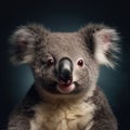 Koala on a blue background close-up studio portrait. Australian wild animal. Generative AI.