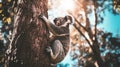 Koala climbing eucalyptus tree, Australian forest, sunlight Royalty Free Stock Photo