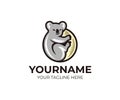 Koala climbing on eucalyptus tree logo template. Grey koala bear vector design Royalty Free Stock Photo