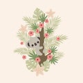 Koala climbing on a floral tree. Cute cartoon vector illustration