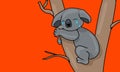 Koala is crying, tears. Fire in Australia. Red lush lava background. Sad and crying koala character sitting on a tree