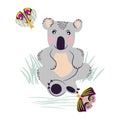 Koala cute bear and moths on a meadow vector clipart. Royalty Free Stock Photo