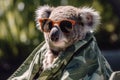 a koala dressed in eco clothes wearing glasses resting