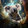 Ai Generated illustration Wildlife Concept of Koala in eucalyptus tree Royalty Free Stock Photo