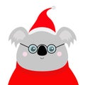 Koala face head. Red Santa hat, sweater, glasses. Merry Christmas. Kawaii animal. Cute cartoon bear funny baby character. New Year