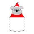 Koala face head. Red Santa hat, sweater, glasses. T-shirt pocket. Merry Christmas. Kawaii animal. Cute cartoon bear funny baby Royalty Free Stock Photo