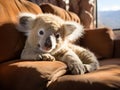 Koala flipping channels on tiny couch